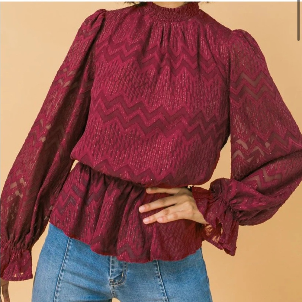 Red Ruffled Peplum Blouse with Mandarin Collar